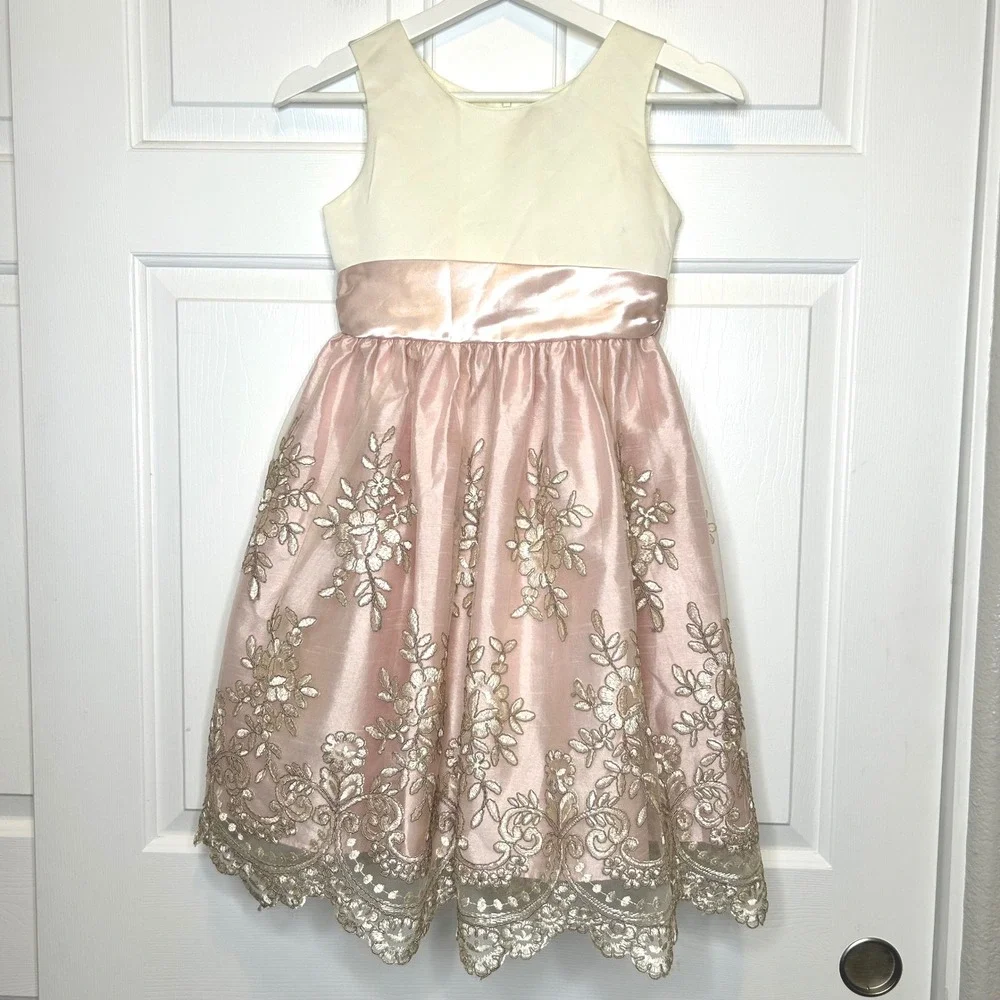 Jayne Copeland Girls Cream Pink Gold Floral Embroidered Party Dress Size 7‎